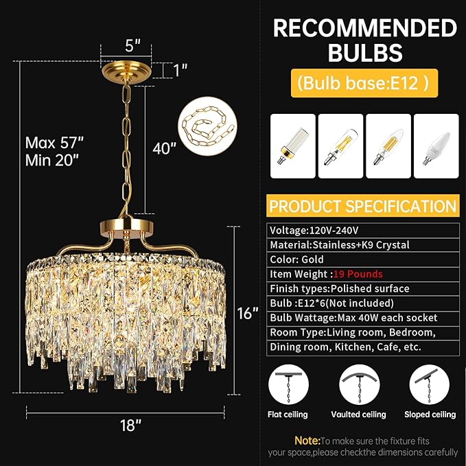 6 Light Gold Crystal Chandelier | Modern Crystal Chandeliers for Dining Room Light Fixture | Luxury Ceiling Pendant Lighting for Living Room | Bedroom | Entryway | Foyer | Staircase | Barthroom