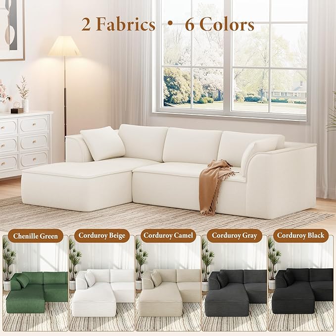 Vesgantti 106" Cloud Couch Sectional Modular Sofa, Deep Seat Comfy Cloud Couch Chenille Memory Foam Sofa Modular Couches for Living Room Bedroom, No Assembly Required (Beige, Left-Facing Chaise)