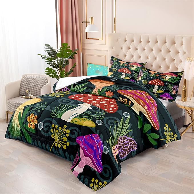 Cartoon Mushrooms Bedding Set, Girls Boys Ultra Soft Comforter Set Queen Size, Cute Plants Printed Quilt for Teens, Lovely Black Microfiber Comforter for All Season 3Pcs with Pillowcases