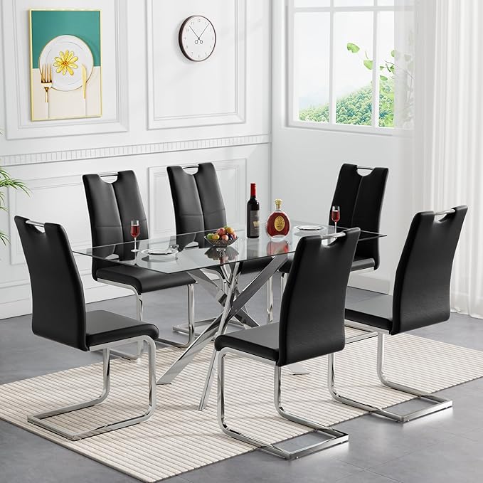 51'' Silver Glass Dining Table Set for 6,7 Piece Kitchen Table and Chairs Set with Metal Legs and 6 PU Leather Dining Chairs for Kitchen Room Small Spaces