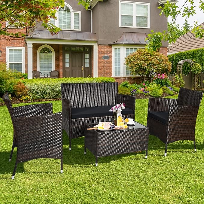Tangkula 8 PCS Patio Rattan Conversation Set, Outdoor Wicker Furniture Set with Tempered Glass Coffee Table &Thick Cushion, Rattan Chair Wicker Set for Garden, Lawn, Poolside and Backyard (2, Black)