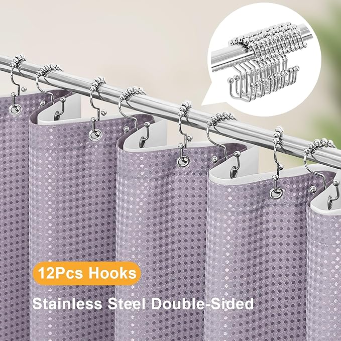 3 in 1 Stall Half Size Purple Shower Curtain Set-36 W x 72 H, Lavender Waffle Waterproof Fabric and PEVA Liner Set with Stainless Steel Hooks