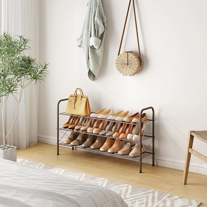 Hoctieon 3 Tier Mesh Style Shoe Rack, Entryway Shoe Shelf, Shoe Storage Organizer, Shoe Rack for Closet, Space Save for Bathroom, Garage, Hallway, Bedroom, Living Room, Brown