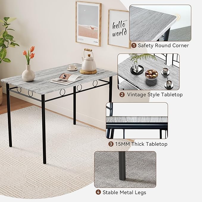 Kitchen Dining Table Set for 4, 5-Piece Kitchen Table Set,Dining Room Table Sets,Rectangular Kitchen Table Set with 4 Chairs for Small Space, Dinette,Apartment,Rustic Grey