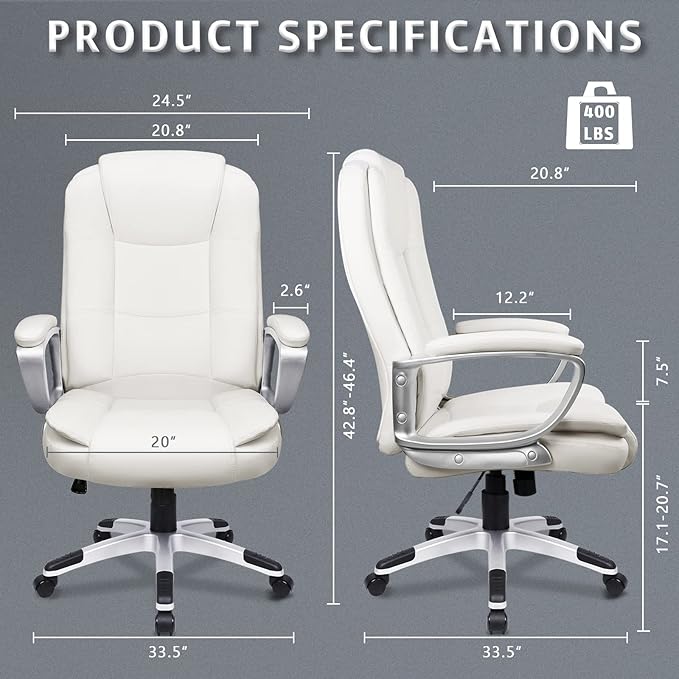 LEMBERI Office Desk Chair, Big and Tall Managerial Executive Chair, High Back Computer Chair, Ergonomic Adjustable Height PU Leather Chairs with Cushions Armrest for Long Time Sitting (White)