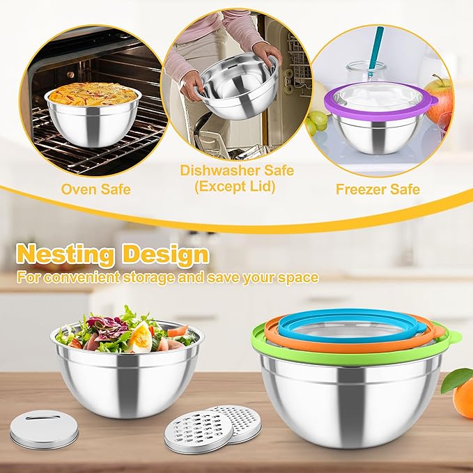 TeamFar Mixing Bowls, Stainless Steel Salad Serving Bowl with Clear Lids & 3 Graters, For Kitchen Cooking Prepping Storing, Size 4.6/2.6/1.5/1/0.7 QT, Nesting & Airtight, Set of 5 & Multicolor