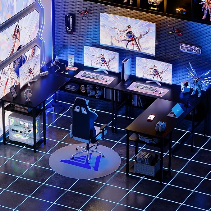 Unikito Reversible L Shaped Desk with Magic Power Outlets and USB Charging Ports, Sturdy Corner Computer Desk with Storage Shelves, Gaming Table Home Office Desk, Easy to Assemble, Black