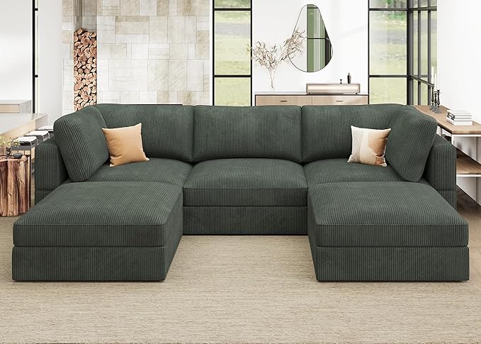 HONBAY Modular Sectional Sofa with Storage Corduroy U Shaped Sofa Modular Sectional Couches for Living Room,Green