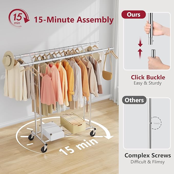 Tajsoon Double Rod Clothes Rack 480 LBS, Heavy Duty Clothing Rack with Wheels, Collapsible Clothes Rack for Hanging Clothes, Commercial Rolling Garment Rack with Shelf, Chrome