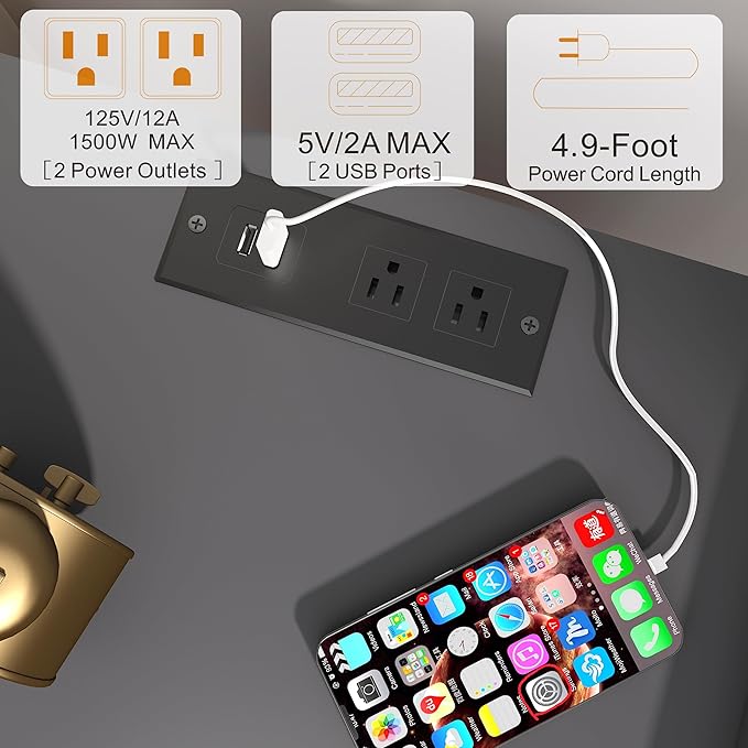 Nightstand with Charging Station, Bedside Tables Grey End Table Side Table with 2 Tiers Storage Space, for Bedroom Living Room CAMLBZ07ZE