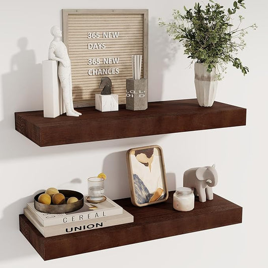 fuqing Floating Shelves for Wall - 24 Inch Wood Wall Shelves Set of 2-24 Inch Wide x 9.3 Inch Deep Natural Floating Wood Shelves with Upgraded Metal Brackets for Room