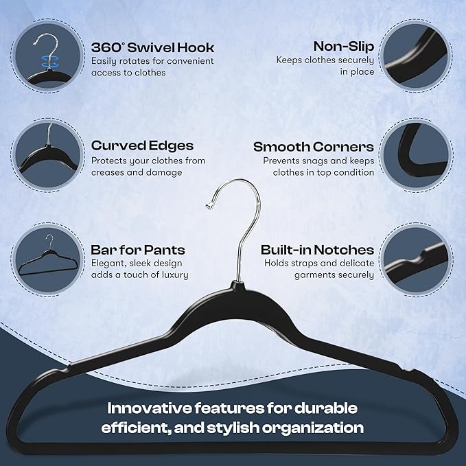 DEILSY™ Black Hangers 50 Pack - Thin Slim Space Saving, Plastic Hangers, Non Velvet Plastic Hanger for Closet Organization Hanger for Clothes Adult