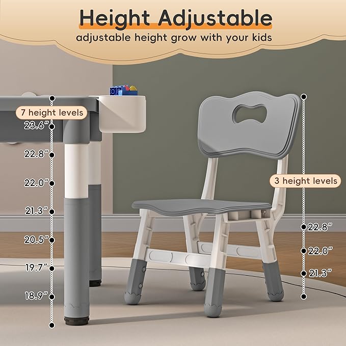 Kids Table and 2 Chairs with Storage, Children Water and Sand Activity Tables Height Adjustable, 34.6''L x 24.4''W Toddler Table for Buliding Blocks, Drawing, Eating, for Kids Age 2-10, Grey