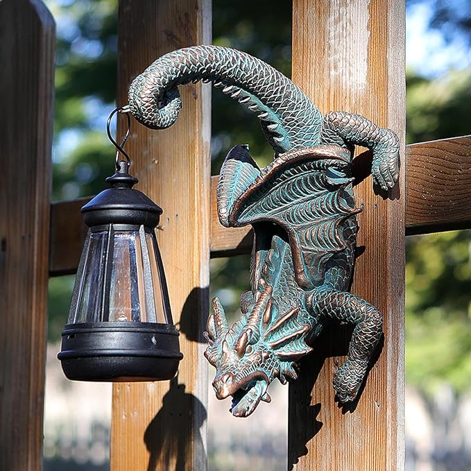 Solar Dragon Tree Hugger Statue Wall Decor - Gothic Garden Statue with Solar Lantern, Outdoor&Yard Decor, Fantasy Dragon Figurine for Trees, Walls, or Fences - Unique Gift for Adults, Men & Women