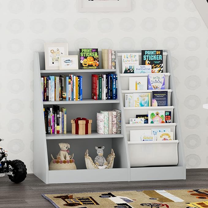 Gray 4 Tier Kids Wooden Bookshelf,Five Layer Sling Toddler Front Facing Bookcase,Baby Kids Storage Book Rack,Book and Toy Organizer Cabinet,Child Book Display Playroom Nursery Bedroom