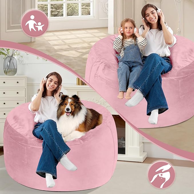 Homguava 3FT Bean Bag Chair: 3' Bean Bags with Memory Foam Filled, Large Beanbag Chairs Soft Sofa with Dutch Velet Cover-Light Pink