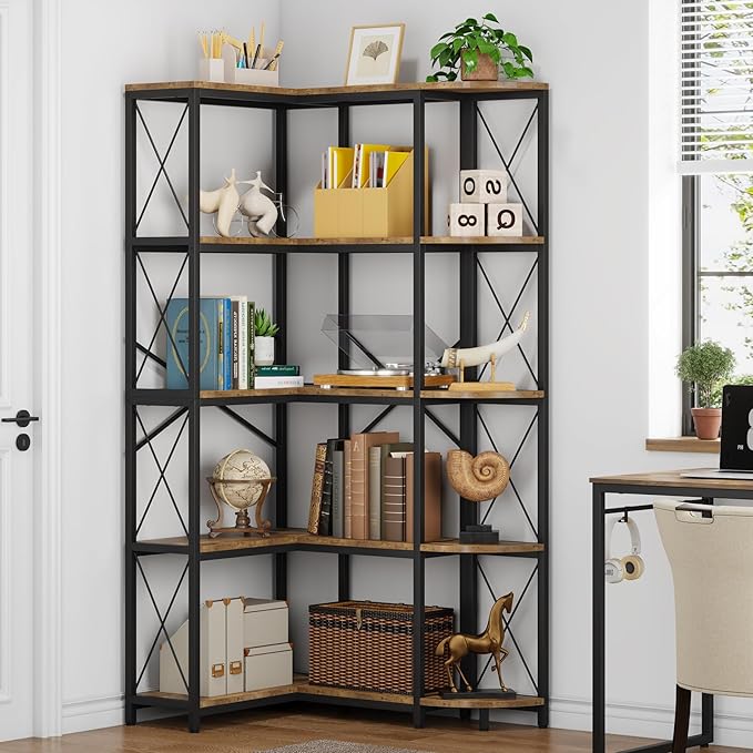 5-Tier Reversible Corner Bookshelf, Modern Industrial Bookcase, 5-Shelf Large L-Shaped Storage Shelf Display Rack with Metal Frame for Living Room, Home Office, Bedroom, Rustic Brown