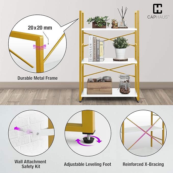 CAPHAUS 3 Tier Small Bookshelf, 24 Inch Width Free Standing Shelf, Bookcase Shelf Storage Organizer, Industrial Book Shelves for Home Office, Living Room, White Wooden Shelves & Gold Frame