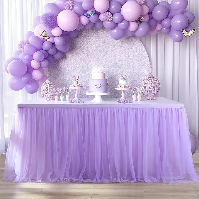 14ft Lavender Tulle Table Skirts for Rectangle Tables or Round Tables Lavender Ruffle Tutu Tablecloth for Girls Baby Shower Birthday Party Wedding Cake Dessert Table Decorations