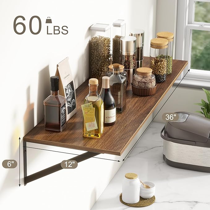 36"W x 12"D Floating Shelves, Walnut Deep Floating Shelves for Wall with Brackets, 12 Inch Deep Wall Shelves for Books, Wide Display Storage Shelves for Bathroom, Living Room, 36 Inch Long, Set of 2