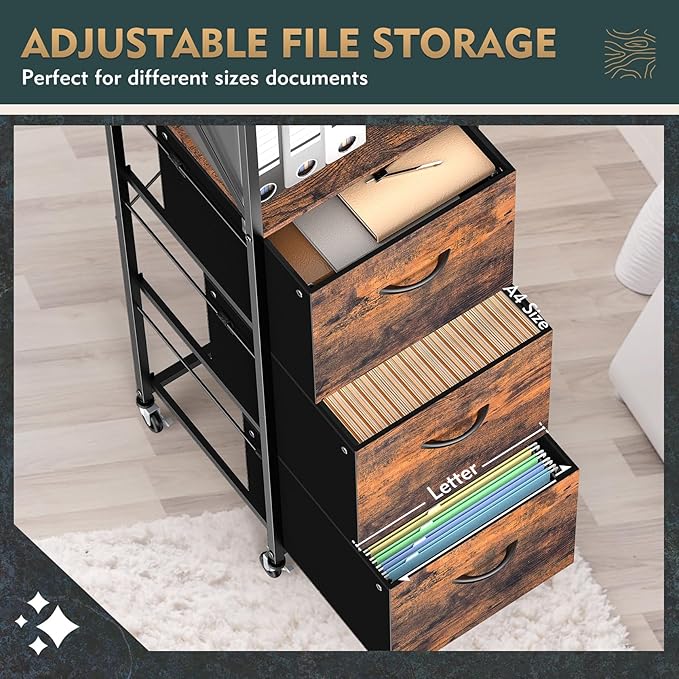 3 Drawers File Cabinet, Vertical Filing Cabinets for Home Office, Drawer with Adjustable Hanging Rail, A4/Letter Size Hanging File Folders, Open Shelf, Mobile Printer Stand, Rustic Brown