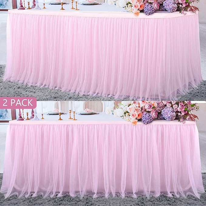 Suppromo 2 Pack 6ft Pink Tulle Table Skirts for Rectangle Tables or Round Tables Pink Tutu Tablecloth Cover for Princess Baby Shower Girls Birthday Party Wedding Cake Dessert Table Decorations