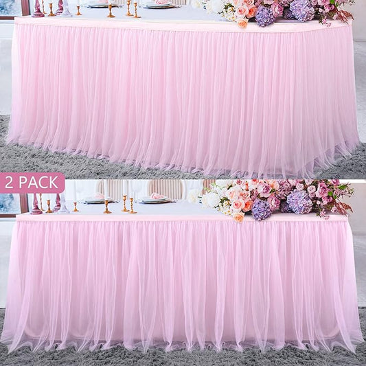 Suppromo 2 Pack 6ft Pink Tulle Table Skirts for Rectangle Tables or Round Tables Pink Tutu Tablecloth Cover for Princess Baby Shower Girls Birthday Party Wedding Cake Dessert Table Decorations