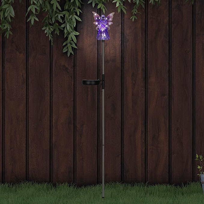 Exhart Garden Solar Lights, Decorative Angel Garden Stake, 12 LEDs, Cute Yard and Pathway Decor, Purple, 4 x 34 Inch