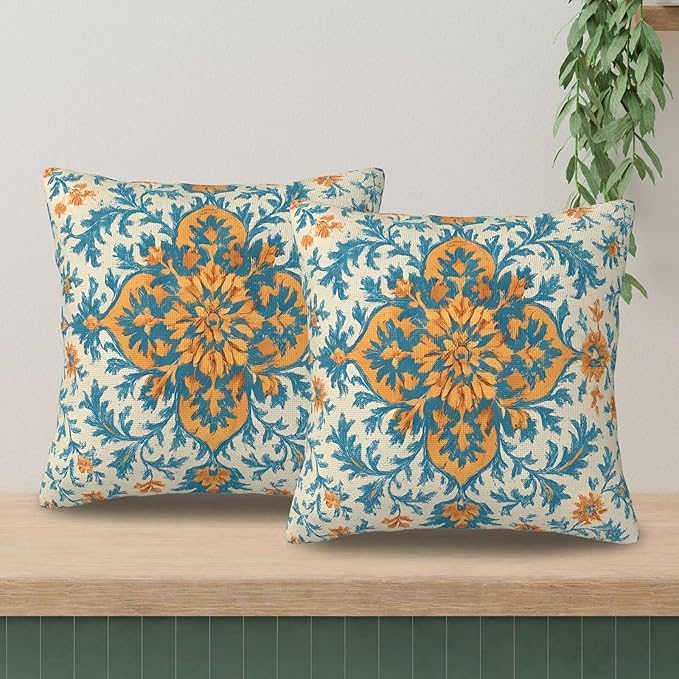 Blue Orange Boho Pillow Covers 16x16 Inch Set of 2 Ethnic Carpet Pattern Floral Outdoor Decorative Throw Pillows Fall Vintage Cushion Covers for Sofa Bed Couch Living Room Decor