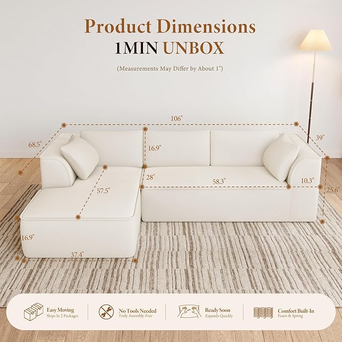 Vesgantti 106" Boneless Couch with Chaise, Deep Seat Cloud Sofa Sectional, Chenille Memory Foam Modular Couches for Living Room, No Assembly Required (Creamy Beige, Left-Facing Chaise)