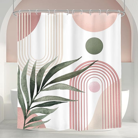 Glawry Pink Green Boho Shower Curtain Abstract Mid Century Tropical Leaves Modern Geometric Minimalist Arch Sun Bathroom Aesthetic 60Wx72L Inches Bath Accessories Art Home Decor Fabric 12 Pack Hooks