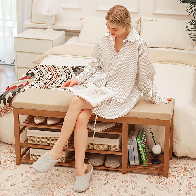 47.2 in Shoe Rack Bench with Cushion, 3 Tier Bamboo Entryway Bench with Storage for Entryway, Hallway, Bedroom, Living Room