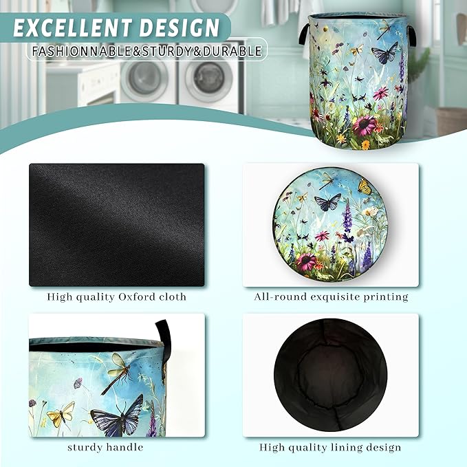 Colorful Flowers Laundry Basket Foldable Oxford Cloth Colorful Dargonfly Laundry Hamper With Handle Portable Clothes Storage Basket 18.9 X 16.5 Inch Storage Bag For Laundry Room/Bathroom/Bedroom
