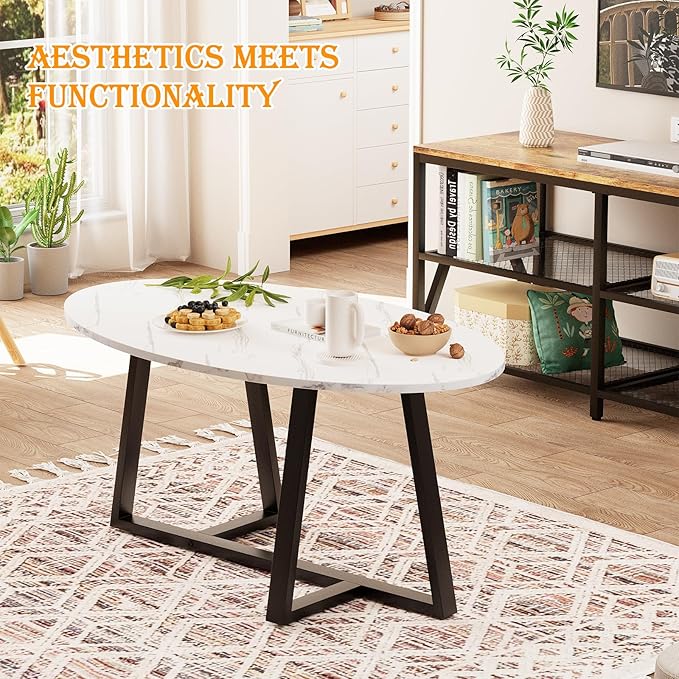 Coffee Table Small Oval Table,White Faux Marble Table for Living Room, Modern Center Tea Tables for Small Space,Wooden Tables End Tables with Sturdy Black Metal Leg