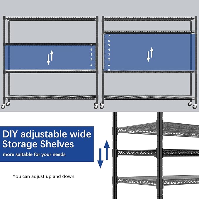 REGILLER 4-Wire Shelf Adjustable Heavy Duty Storage Shelves, Metal Organizer Wire Rack for Laundry Bathroom Kitchen Pantry Closet Garage Shelving with Wheel(Black,24" Dx59.6 Wx72.2 H)