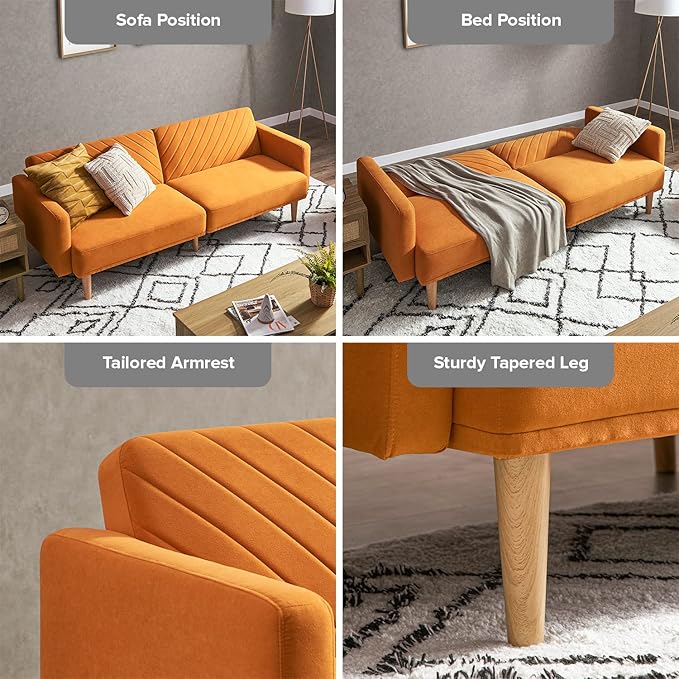 mopio 76.8" Futon Sofa Bed, Small Couch, Sleeper, Loveseat, Mid Century Modern Futon Couch, Sofa Cama, Couches for Living Room (Apricot Velvet)