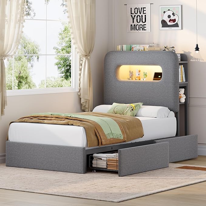 HOSTACK Twin LED Bed Frame with Storage Headboard and Charging Station, Boys Bed Frame with 2 Drawers and USB Ports, Velvet Upholstered Platform Bed Frame with Bookcase, No Box Spring Needed, Grey