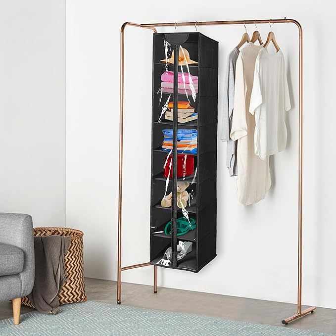 Libeder Hanging Closet Organizer, 8-Shelf Wardrobe Clothes Storage Organizer with Zipper,Hanging Shelves for Sweater,Shoes,Purse,Hats,Black