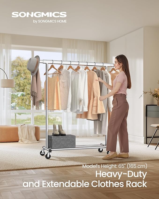 SONGMICS Clothes Rack with Wheels, Heavy-Duty Clothing Rack for Hanging Clothes, Portable, 17.7 x (36.2-52) x 63.6 Inches, with Extendable Rail, 220 lb Load Capacity, Silver UHSR13SV1