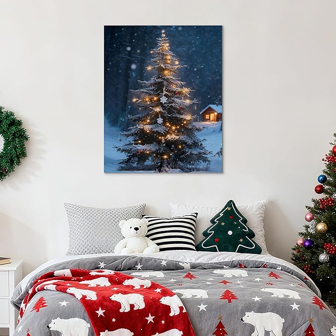 Framed Christmas Pictures Wall Decor,Vintage Pine Tree Prints,Winter Christmas Canvas Wall Art Decoration for Bedroom Bathroom Living Room Rustic Xmas Holiday Gifts (Christmas Tree 19, 12'' X 16'')