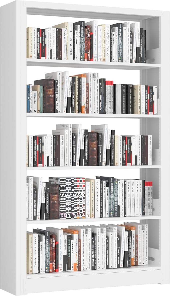 5-Tier Bookshelf, White Bookshelf with Adjustable Storage Shelves, Metal Bookshelf, 69" Tall Bookcase for Living Room, Library, Office, Bedroom, Including Book Stopper，36" Wide Bookshelves