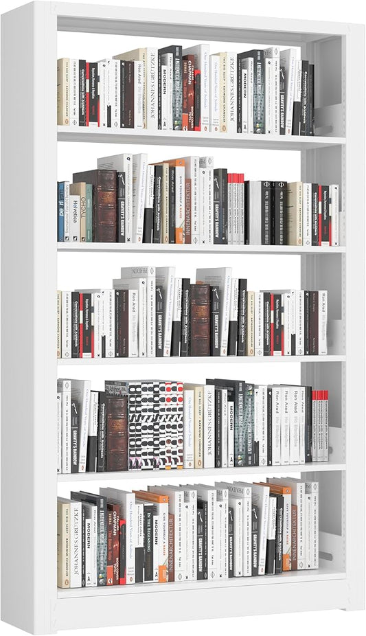 5-Tier Bookshelf, White Bookshelf with Adjustable Storage Shelves, Metal Bookshelf, 69" Tall Bookcase for Living Room, Library, Office, Bedroom, Including Book Stopper，36" Wide Bookshelves