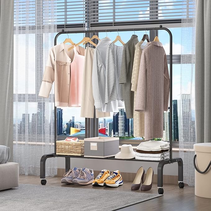 Rolling Clothes Rack Metal Clothing Rack with Wheels Garment Rack with Bottom Shelf for Hanging Clothes Shirts Jeans and Coats Black