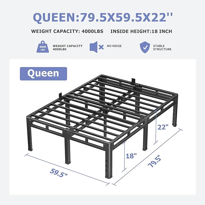 NKZ 22 Inch Queen Size Bed Frame, Metal Bed Frame & Box Spring 2 in 1 Platform with Round Corner Legs, 4000Lbs Heavy Duty Metal Frame, Mattress Slide Stopper, Headboard Hole, Noise-Free, Easy Assembly