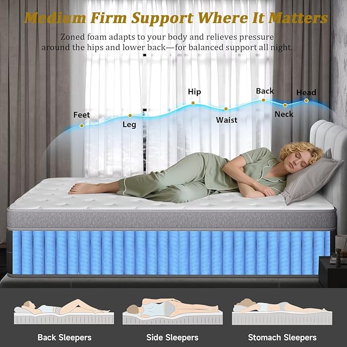 inight King Mattress 12 Inch, Individual Wrapped Pocket Springs Zoned Hybrid Mattress with Gel Memory Foam, Ergonomic Pressure Relief, Enhanced Edge Support, Breathable Comfort Night, 365-Night Trial