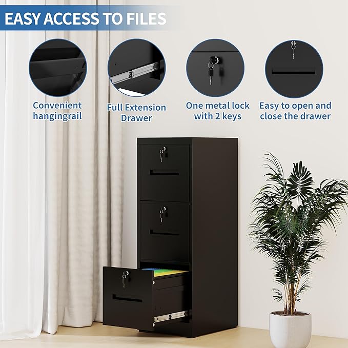 3 Drawer File Cabinet with 3 Individual Locks, Vertical Metal Filing Cabinet Home Office Narrow Locking File Cabinets for A4/Legal/Letter File Folders, Anti-Tilt Design, Need Assemble (Black)