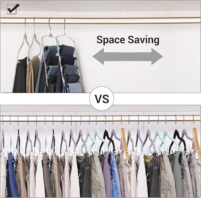 SONGMICS Pants Hangers, Set of 3, 5 Tiers Non-Slip Skirt Hangers, Space Saving Pants Organizers, for Closet, Silver and Black UCRI041BK