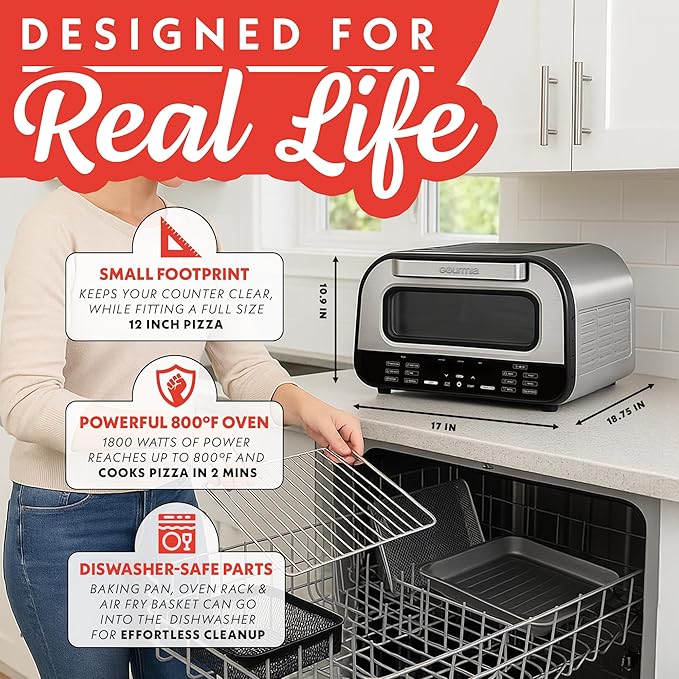 Gourmia Indoor Pizza Oven Air Fryer Toaster – 1800W Countertop Multi-Cooker with Pizza Stone, Digital Controls & 6 Presets – Bake, Toast, Broil, Dehydrate & More
