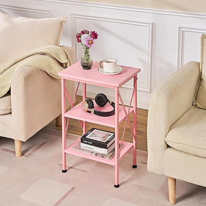 VECELO End Table, Bedside Table, 24" Tall Living Room End Tables, X-Design Reinforced Nightstands, Side Table with 3-Tier Storage Shelves for Small Spaces, Office, Bathroom, Bedroom, Pink