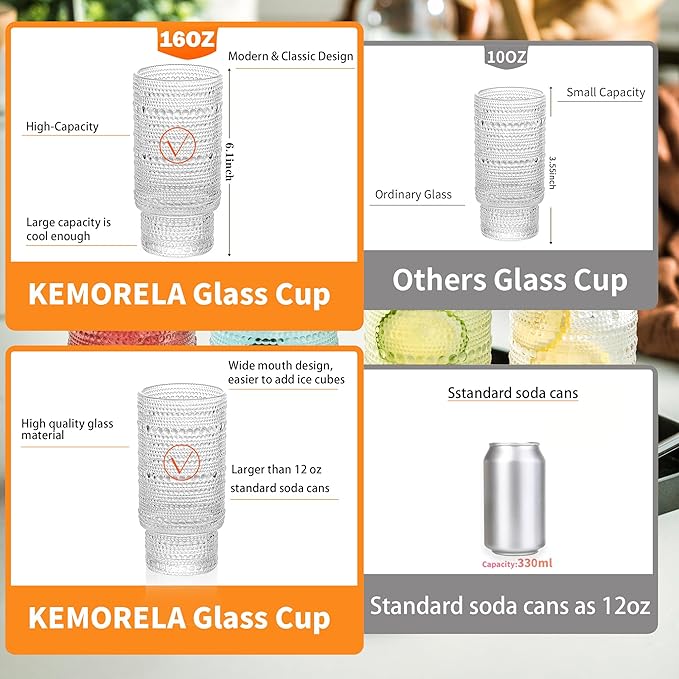 KEMORELA Glass Cups Vintage Glassware Set of 6 Large, Hobnail Drinking Glasses, 16oz Glass Cups With Straws, Romantic Hobnail Highball Glasses, Bar Beverages Ice Coffee Cup Glassware